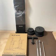 8月末まで値下げ中【ほぼ新品】コンパクトにまとめました！　バーベルセット、ベンチプレスラック、ベンチの画像