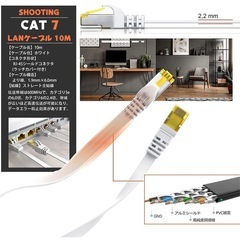 LANケーブル 10m Cat7, らんけーぶる 10m 高速 イーサネットケーブル ウルトラフラットケーブル 高速 STP 爪折れ防止 RJ45コネクタ ギガビット10Gbps/600MHz 金メッキコネク タホワイト(10m)の画像