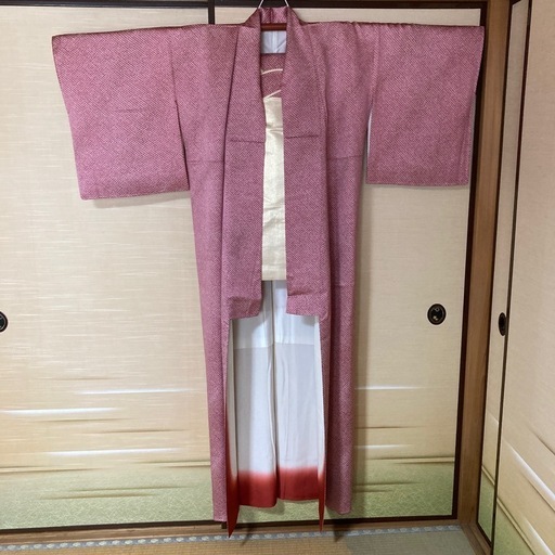 着物　共布配色名古屋帯　2点セット　正絹　小紋　千代鹿の子　しつけ糸付き　未使用品