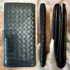 ボッテガベネタイントレチャート二つ折り長財布ロングウォレット小銭入れ有黒箱保存袋メンズ男性用紳士財布ブラックレザー牛革本革サイフの画像