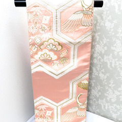 袋帯 ピンク 金 白 銀 毘沙門亀甲調 鶴 宝文様 刺繍 六通柄...