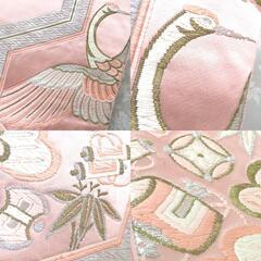 袋帯 ピンク 金 白 銀 毘沙門亀甲調 鶴 宝文様 刺繍 六通柄 正絹 仕立て上がり フォーマル 長さ421cm【中古】 【キモノオフ野々市若松店】の画像
