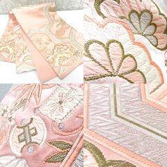 袋帯 ピンク 金 白 銀 毘沙門亀甲調 鶴 宝文様 刺繍 六通柄 正絹 仕立て上がり フォーマル 長さ421cm【中古】 【キモノオフ野々市若松店】の画像