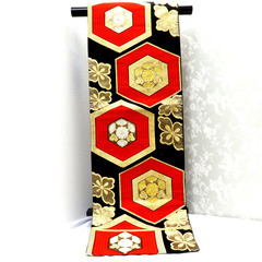 袋帯 黒 金 赤 銀 亀甲 花 六通柄 正絹 仕立て上がり フォ...