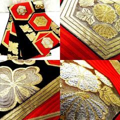 袋帯 黒 金 赤 銀 亀甲 花 六通柄 正絹 仕立て上がり フォーマル 長さ409.5cm【中古】 【キモノオフ野々市若松店】の画像