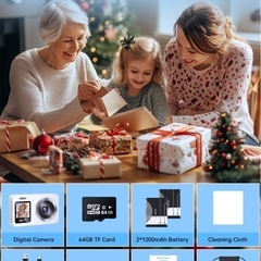 デジタルカメラ 4K 6400万画素 30FPS デジカメ 64GB TFカード付き 自撮り機能 18Xデジタルズーム 2.8インチ IPSスクリーン AFオートフォーカス 充電式YouTubeカメラ 初心者向け ウェブカメラ 子供用 誕生日 VLOG クリスマス 新年 軽量 携帯便利 日本語説明書 予備バッテリー2枚 ホワイトの画像