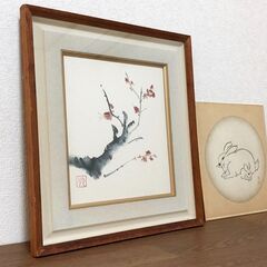 梅枝先・兎　和風色紙アート 壁アート 和室・リビングルーム装飾 額付き日本画 「模写」美術品インテリアの画像