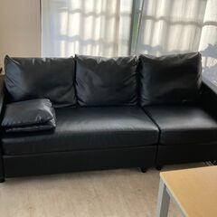 【格安】ソファー　3人がけソファー　ブラック合皮　背クッション　 中古の画像
