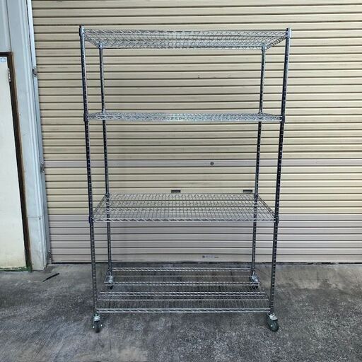 中古 ワイヤーシェルフ 物置 棚板 ワイヤースチールラック 倉庫 幅広 120x60x190 棚板４枚 キャスター、スットパー付