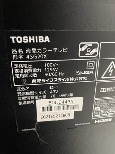 4Ｋ液晶テレビ43インチ　REGZA43G20X