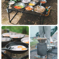 キャンプやBBQに便利な二つ折りローテーブルです。の画像