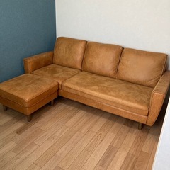 3人掛けレザーテックスソファ(オットマン付き)の画像