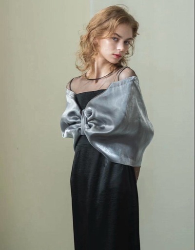 ecmile シルバー サテン オフショルダー ドレス