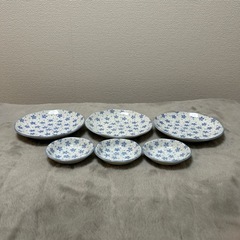 萌窯 丸谷焼　花柄 桜柄 ブルー 三寸皿　六寸皿　6枚セット　豆皿　醤油皿　中皿の画像