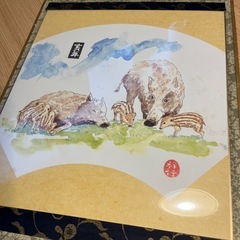 水彩画　イノシシの親子　色紙の画像