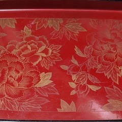 【昭和レトロ・木製】牡丹柄 大判お盆（漆調トレー）の画像