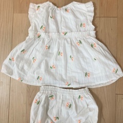 【美品・ベビー服】petit main 80cm チェリー刺しゅうセットアップの画像