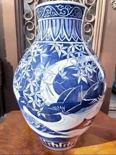 肥前 峯山 作 染付大壺　鴨紅葉大花瓶 骨董 有田 飾壷 大型　伊万里焼