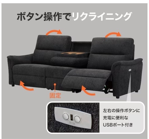 2人掛け電動布張りリクライニングソファ＋テーブルユニットセット