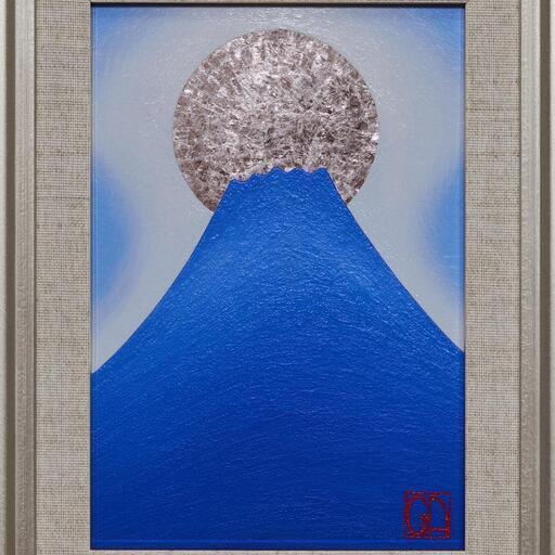 『青嶺円照』●SM油彩額付タテ36.3cm銀シルバー満月富士山がんどうあつし油絵 青嶺円照』○SM油彩額付タテ36.3cm銀シルバー満月富士山がんどうあつし