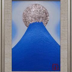 『青嶺円照』●SM油彩額付タテ36.3cm銀シルバー満月富士山がんどうあつし油絵の画像