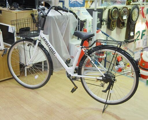 自転車 27インチ ママチャリ ホワイト/白×黒 6段変速 ノーパンクタイヤ