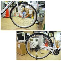 自転車 27インチ ママチャリ ホワイト/白×黒 6段変速 ノーパンクタイヤ ベル・前カゴ・後荷台・ライト付き 札幌市 清田区 平岡の画像