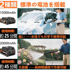 【2025新登場 超軽量588g】Hoeirby ミニ高圧洗浄機 コードレス 充電式 8MPa｜バッテリー1個(15000mAh+20000mAh) 残量表示 PSE認証済 マキタ互換 6in1ノズル 自吸式 軽量 収納ケース付きの画像