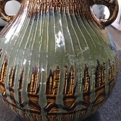 小鹿田焼】掛け流し釉双耳　飴釉　緑釉　刷毛目　双耳広口大壺　陶器　花器の画像