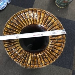 小鹿田焼】掛け流し釉双耳　飴釉　緑釉　刷毛目　双耳広口大壺　陶器　花器の画像