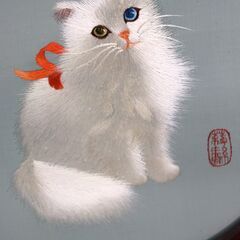 猫　両面刺繍　オッドアイ白い猫の刺繍アート 　中国工芸品の画像