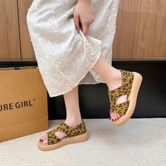 サンダル レディース 23 厚底 ヒョウ柄 豹柄 レオパード 体型カバー 美脚 脚長効果 脚やせ ヒール 歩きやすい 2wayの画像
