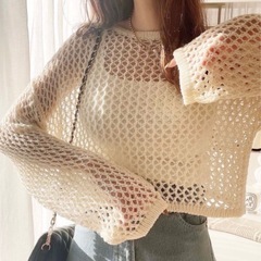 ニット セーター メッシュ透かし編みクルーネックニットプルオーバー レディースの画像