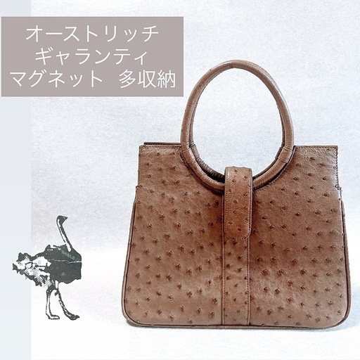 ❁⃘美品 オーストリッチ 本革 ハンドバッグ ベージュ ブラウン ギャランティカード付