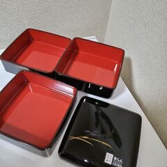 新品未使用①HOYA ５枚セット金縁花柄皿 5枚②三代目惣兵衛三段重漆器　紫らんの画像