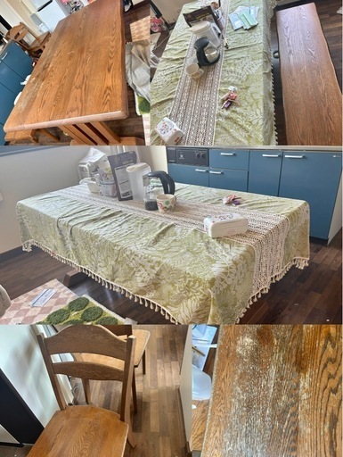 ダイニングテーブル（木製）＋長椅子1脚＋椅子2脚