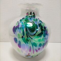 KURATA クリスタルガラス 花瓶 吹きガラス 白・マーブル模様 紫 緑 青 モダンアート 和モダン インテリア 花器　250818-9Tの画像