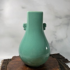 配送可能　平安 橘吉 造 青磁耳付 花生 花道具 華道具 茶道具 花器 花瓶 花入 飾壺 飾壷 陶器 たち吉 在銘 陶印 窯印 時代物　骨董　古玩の画像