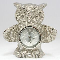 動作品 フクロウ クオーツ式置時計 3針 金属製 シルバーカラー 2025年8月電池交換 ふくろう ミミヅク 札幌市 清田区 平岡の画像