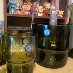 佐々木ガラス　昭和レトロ　当時物　深緑　ガラスピッチャー&グラス　アイスペールの画像