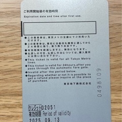 東京メトロ全線有効　24時間券　 　　　の画像