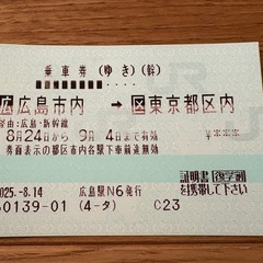 ★8/24（日）　広島→東京・品川　自由席　 片道新幹線切符 【学生限定です‼️ 】の画像