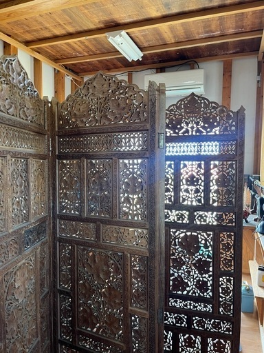 【再度出品】⭐︎アジアン⭐︎衝立⭐︎木製彫刻⭐︎パーティション⭐︎ 木製3連ブドウ柄パーテーション 衝立 アジアン 透かし彫