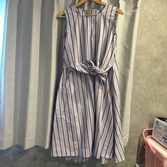 ストライプ　ノースリーブワンピース　レトロ　シャツワンピース　薄手　夏の画像