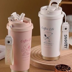 スヌーピー 真空断熱 水筒 魔法瓶 コーヒーカップ 500ml ストロー付き 遠足 ステンレスボトル 直飲み 3WAYの画像
