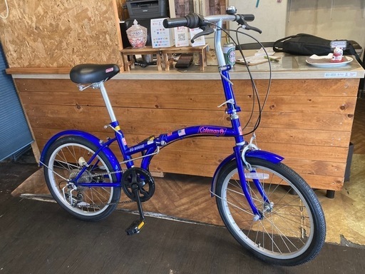 【SALE！8月末まで防犯登録無料！前後タイヤ・後輪チューブ新品！Coleman】高さ調整可能　6段変速　20インチ折りたたみ自転車　ブルー