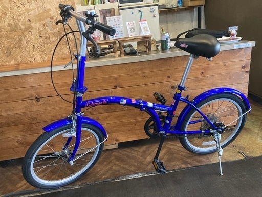 【SALE！8月末まで防犯登録無料！前後タイヤ・後輪チューブ新品！Coleman】高さ調整可能　6段変速　20インチ折りたたみ自転車　ブルー
