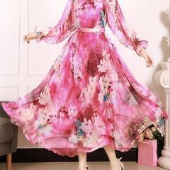 花柄シルクシフォンフローラルドレス サイズM ほぼ未使用。※男性不可、稀少価値有りの画像