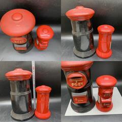 G334 郵便ポスト 貯金箱 ２点おまとめ　当時物 赤い郵便ポスト貯金箱 陶器製 高さ約30㎝、20㎝　ヴィンテージ　昭和レトロ　焼き物　インテリアの画像
