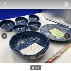 美濃焼　水峰窯　特撰　陶器　食器　セット売り　花柄　ブルー　和食器　小皿×５枚　中深皿×１枚　平皿×１枚　菜箸付　箱有り＊B605-3＊の画像